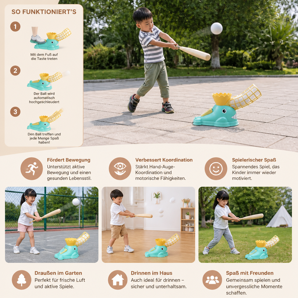 Tret-Baseball-Wurfmaschine mit Schläger & Bällen für Kinder