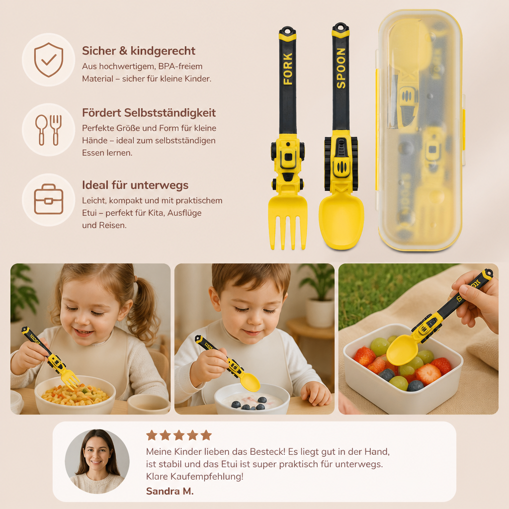 3-teiliges Kinder-Besteckset im Baufahrzeug-Design mit Löffel, Gabel & Reiseetui