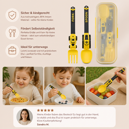3-teiliges Kinder-Besteckset im Baufahrzeug-Design mit Löffel, Gabel & Reiseetui