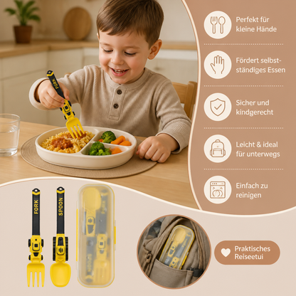 3-teiliges Kinder-Besteckset im Baufahrzeug-Design mit Löffel, Gabel & Reiseetui