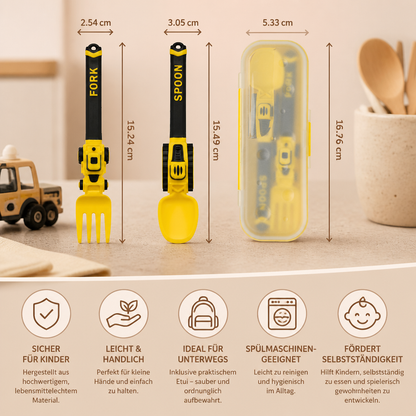 3-teiliges Kinder-Besteckset im Baufahrzeug-Design mit Löffel, Gabel & Reiseetui