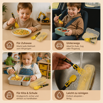 3-teiliges Kinder-Besteckset im Baufahrzeug-Design mit Löffel, Gabel & Reiseetui