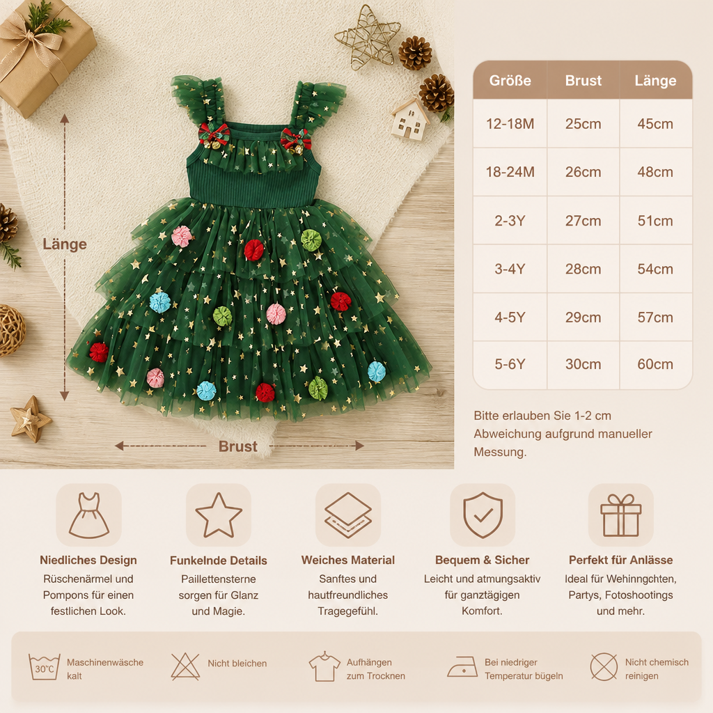 Weihnachtliches Tutu-Kleid für Mädchen mit Pompons, Paillettensternen & Rüschenärmeln