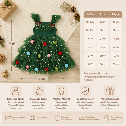 Weihnachtliches Tutu-Kleid für Mädchen mit Pompons, Paillettensternen & Rüschenärmeln