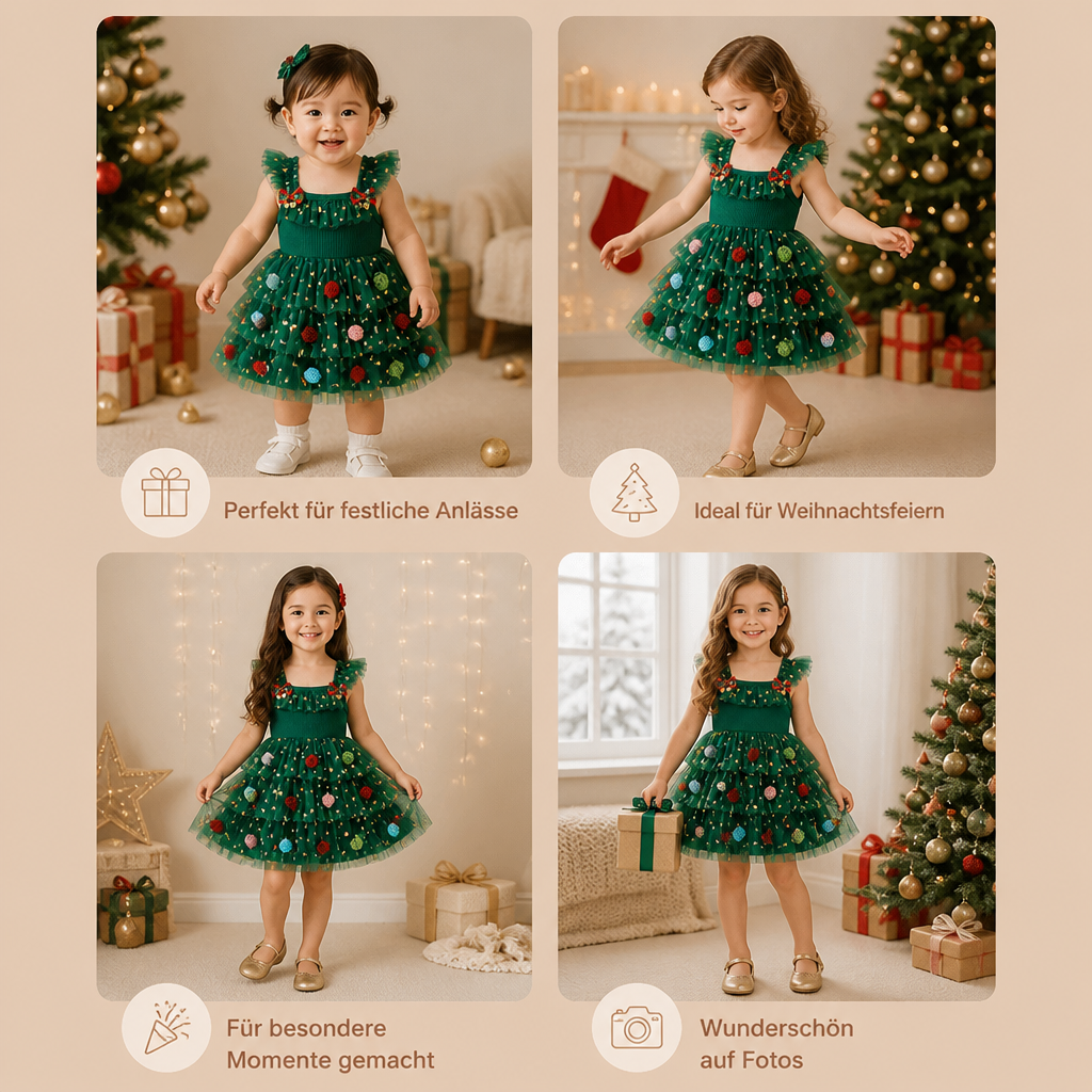 Weihnachtliches Tutu-Kleid für Mädchen mit Pompons, Paillettensternen & Rüschenärmeln