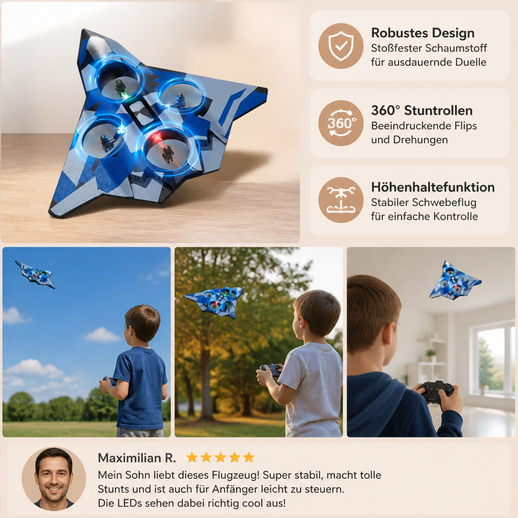 Robustes RC-Kampfflugzeug aus Schaumstoff mit Höhenhaltefunktion & 360°-Stuntrollen