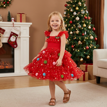 Weihnachtliches Tutu-Kleid für Mädchen mit Pompons, Paillettensternen & Rüschenärmeln