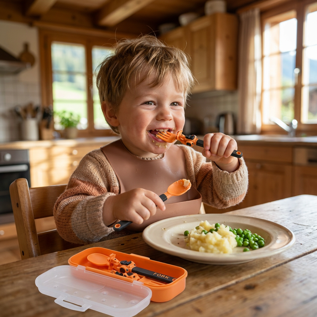 3-teiliges Kinder-Besteckset im Baufahrzeug-Design mit Löffel, Gabel & Reiseetui
