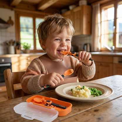 3-teiliges Kinder-Besteckset im Baufahrzeug-Design mit Löffel, Gabel & Reiseetui