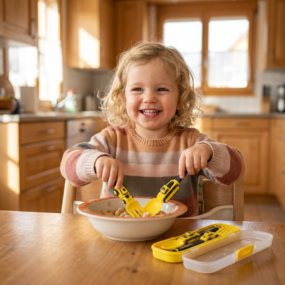 3-teiliges Kinder-Besteckset im Baufahrzeug-Design mit Löffel, Gabel & Reiseetui