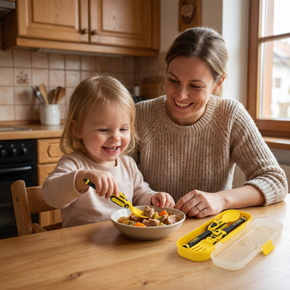 3-teiliges Kinder-Besteckset im Baufahrzeug-Design mit Löffel, Gabel & Reiseetui
