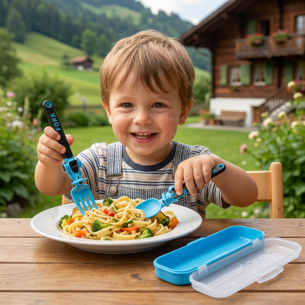 3-teiliges Kinder-Besteckset im Baufahrzeug-Design mit Löffel, Gabel & Reiseetui