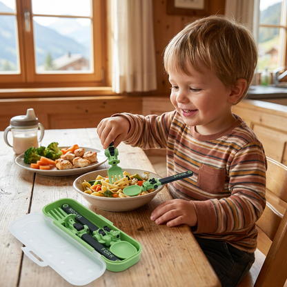 3-teiliges Kinder-Besteckset im Baufahrzeug-Design mit Löffel, Gabel & Reiseetui