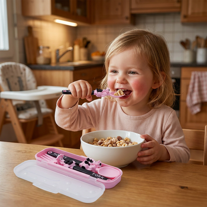 3-teiliges Kinder-Besteckset im Baufahrzeug-Design mit Löffel, Gabel & Reiseetui