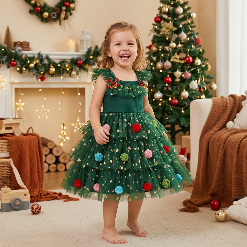 Weihnachtliches Tutu-Kleid für Mädchen mit Pompons, Paillettensternen & Rüschenärmeln