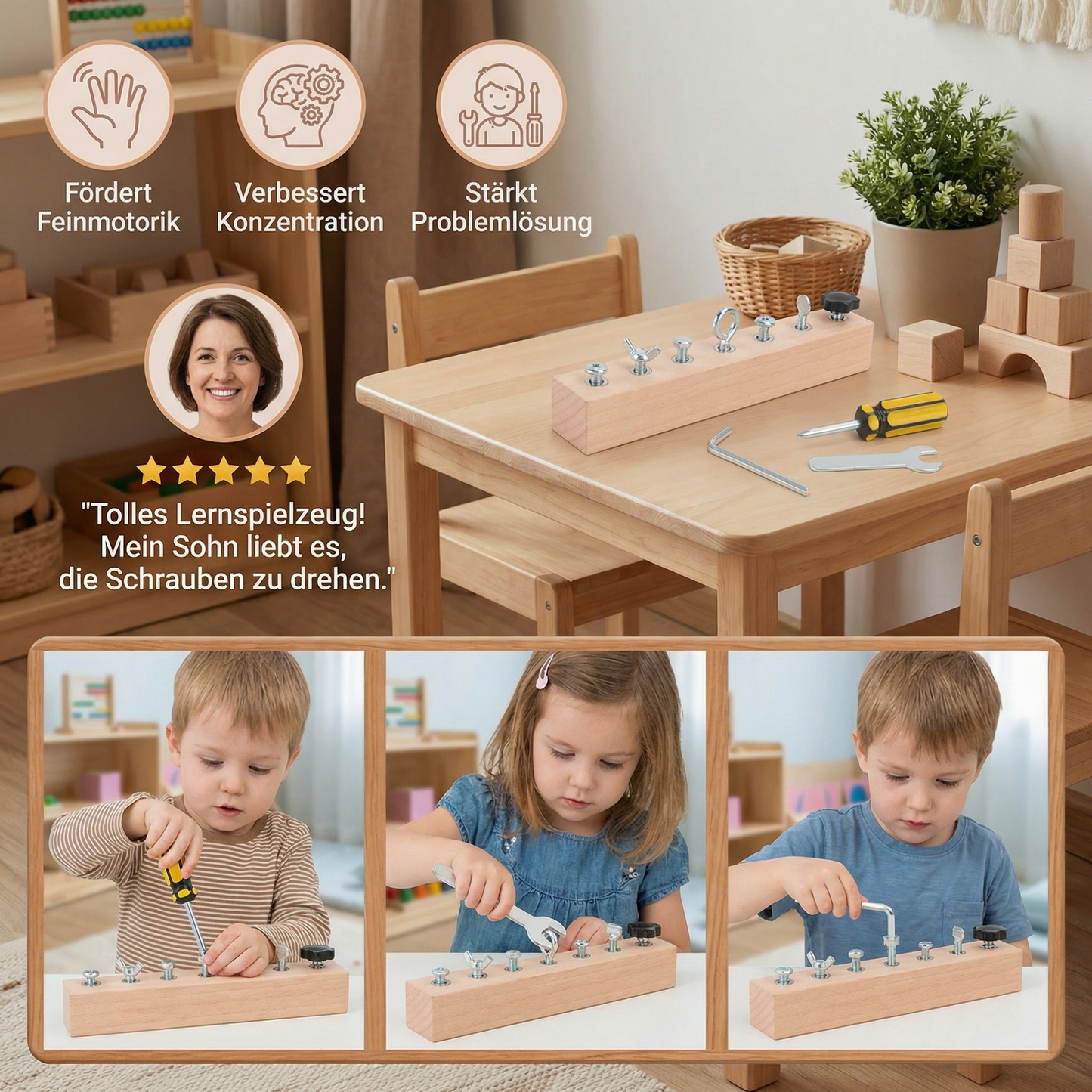 Montessori Holz-Schraubspiel – Feinmotorik & Konzentrationstraining für Kinder