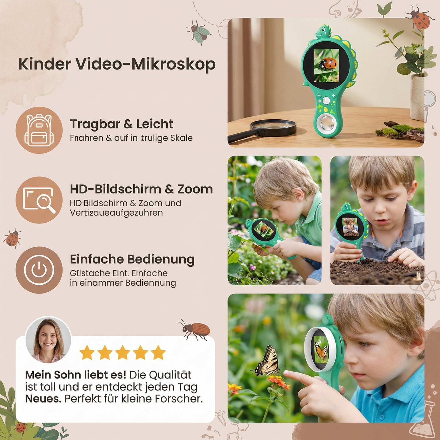 Kinder Video-Mikroskop mit Bildschirm – Mobiles Forschungsgerät für kleine Entdecker