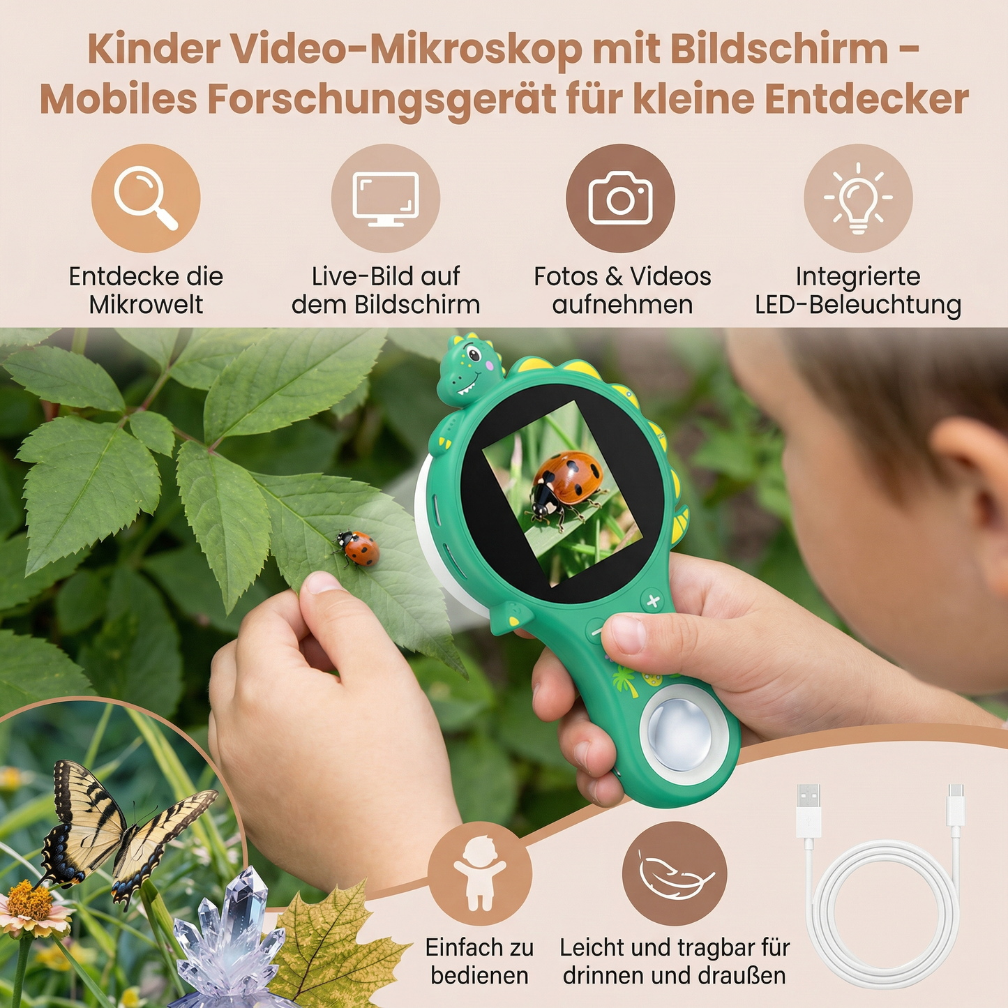 Kinder Video-Mikroskop mit Bildschirm – Mobiles Forschungsgerät für kleine Entdecker