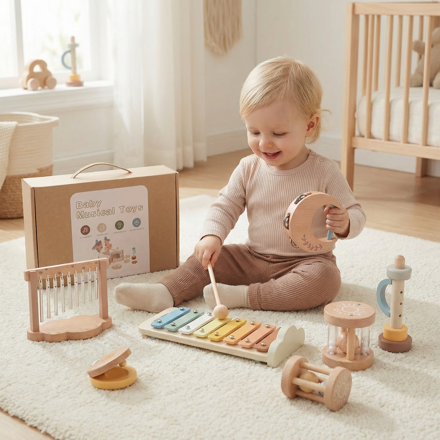 Baby Holz-Klangspiel Set – 6-teiliges sensorisches Musik- & Klangspielzeug