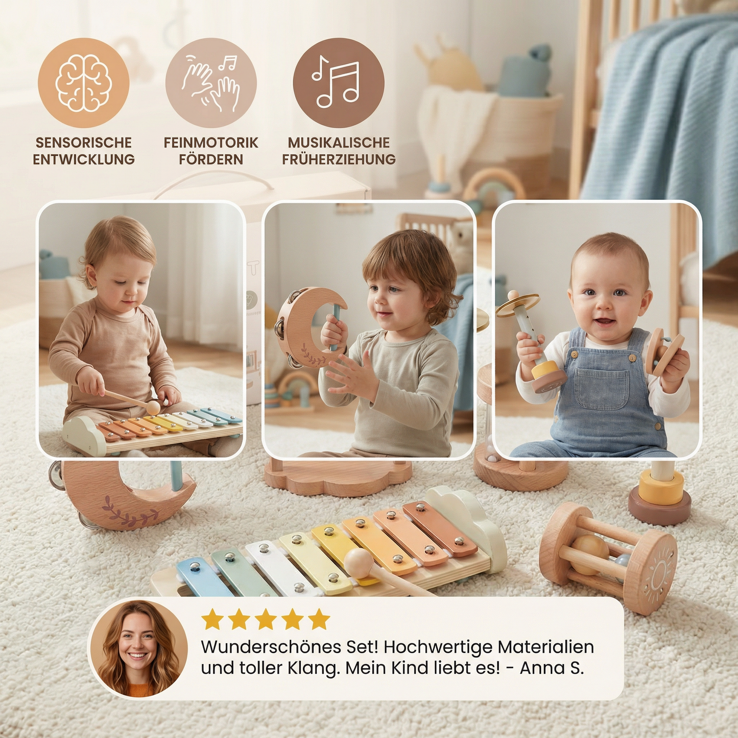 Baby Holz-Klangspiel Set – 6-teiliges sensorisches Musik- & Klangspielzeug