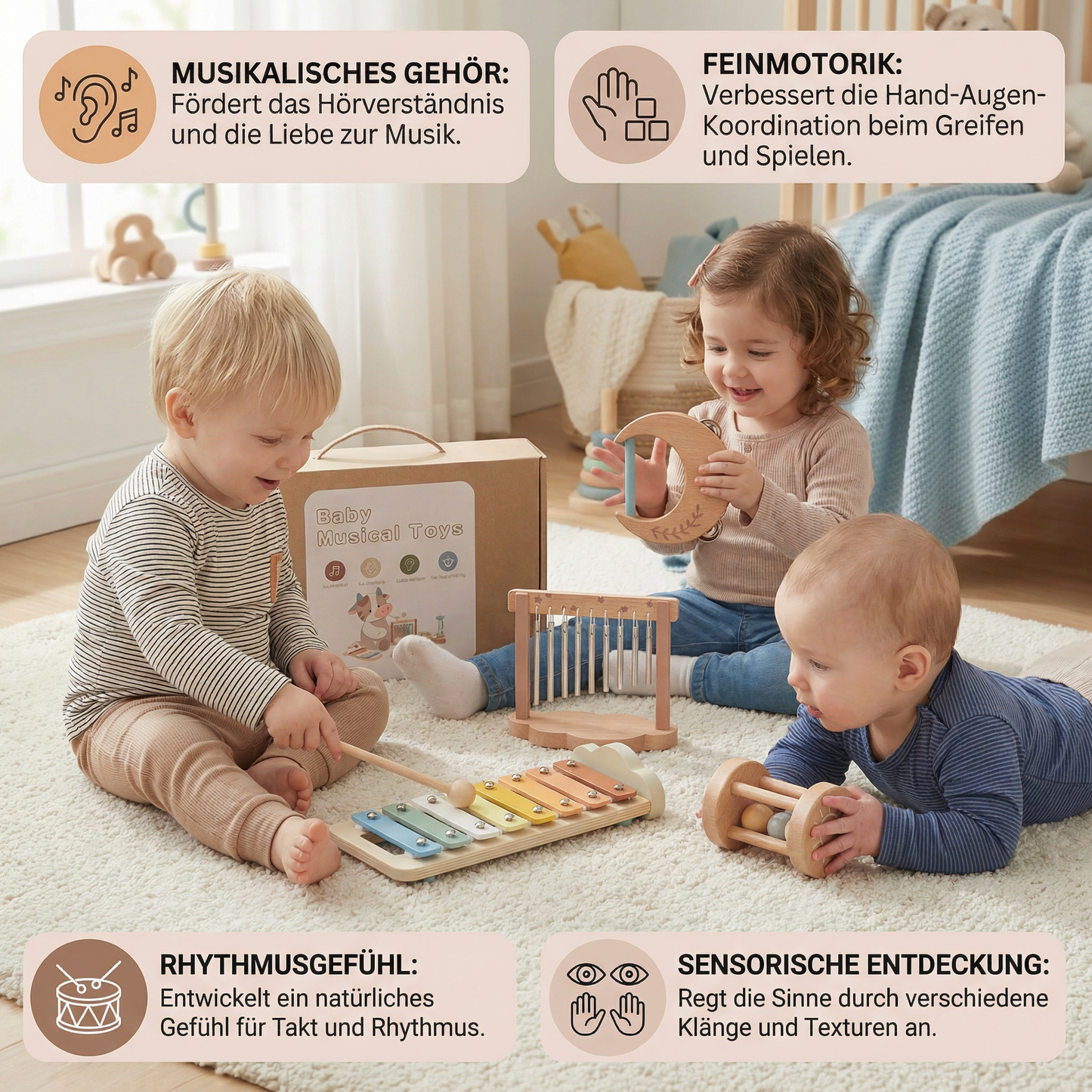 Baby Holz-Klangspiel Set – 6-teiliges sensorisches Musik- & Klangspielzeug