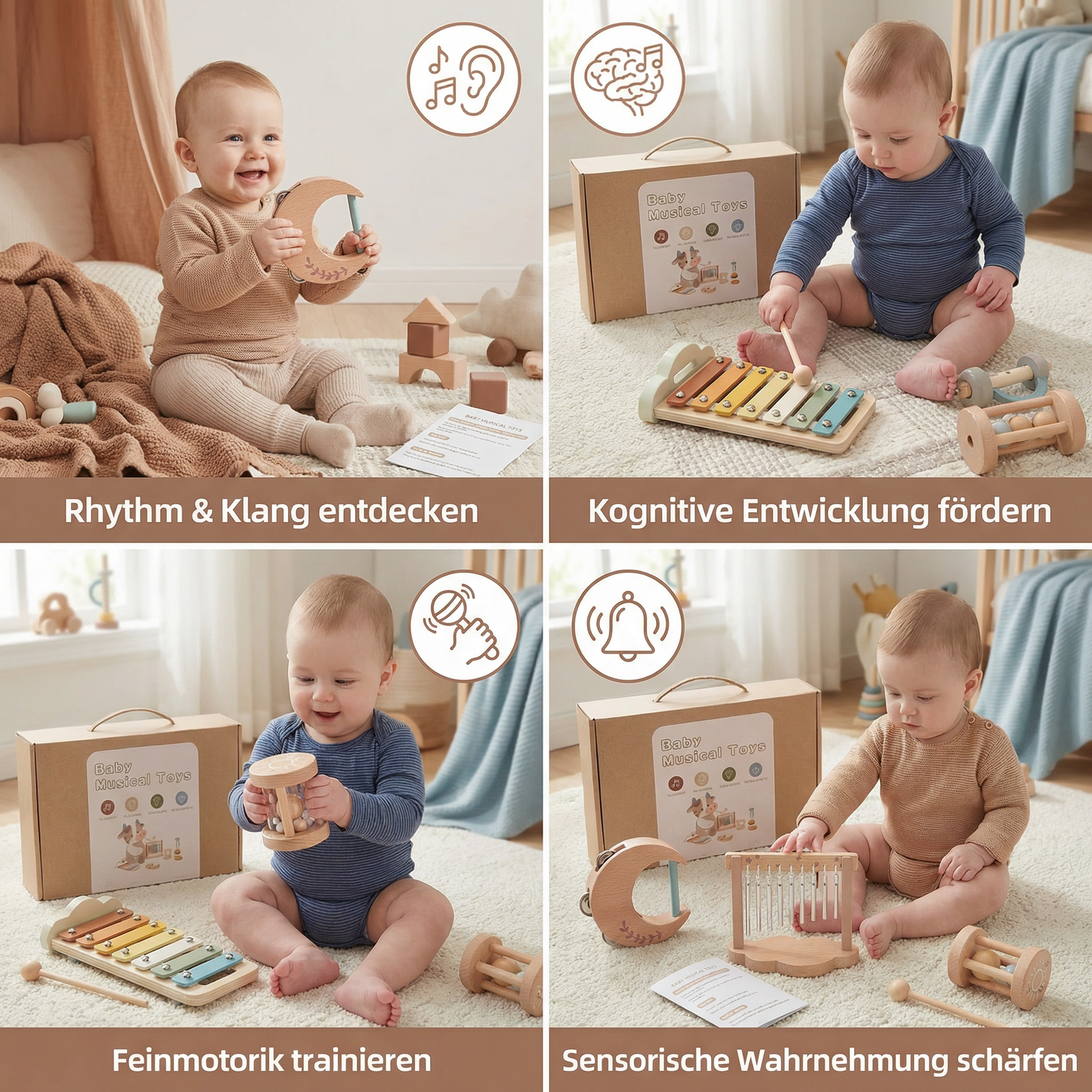 Baby Holz-Klangspiel Set – 6-teiliges sensorisches Musik- & Klangspielzeug