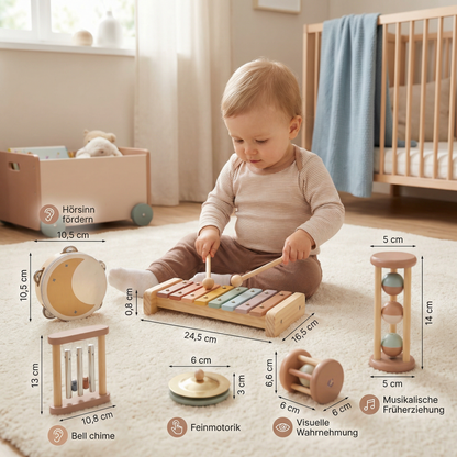 Baby Holz-Klangspiel Set – 6-teiliges sensorisches Musik- & Klangspielzeug