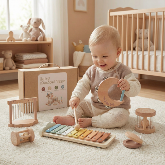 Baby Holz-Klangspiel Set – 6-teiliges sensorisches Musik- & Klangspielzeug
