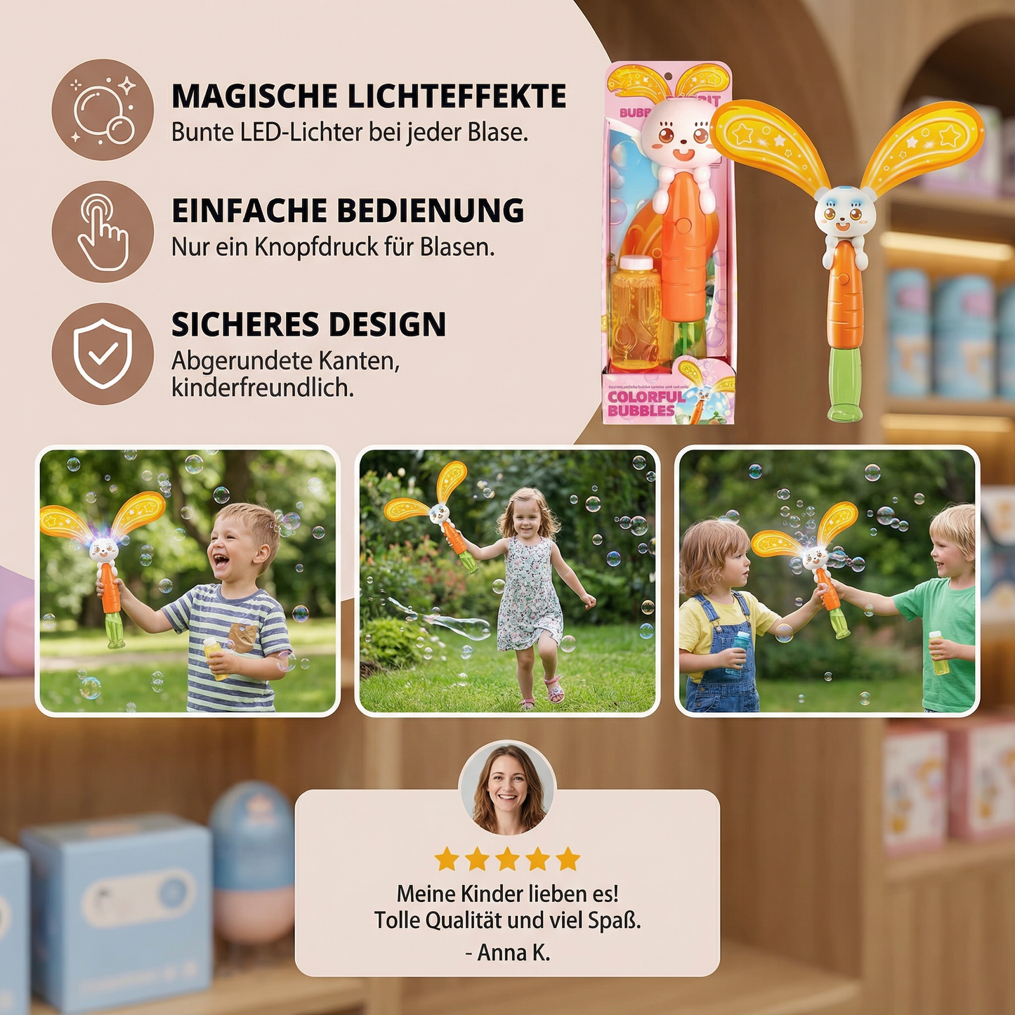 Seifenblasen-Hase mit Flügeln & Licht – Kinder Bubble Maker