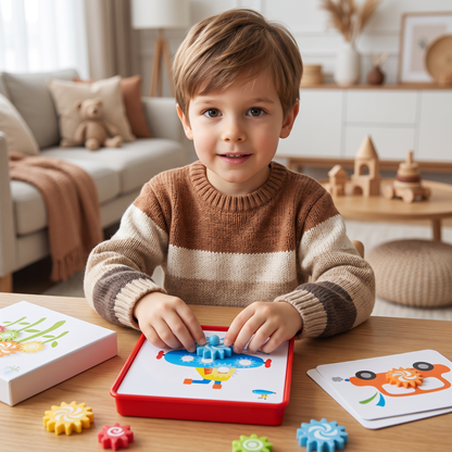 Kreative Zahnrad-Puzzle-Reisebox mit Aktivitätskarten für Kinder