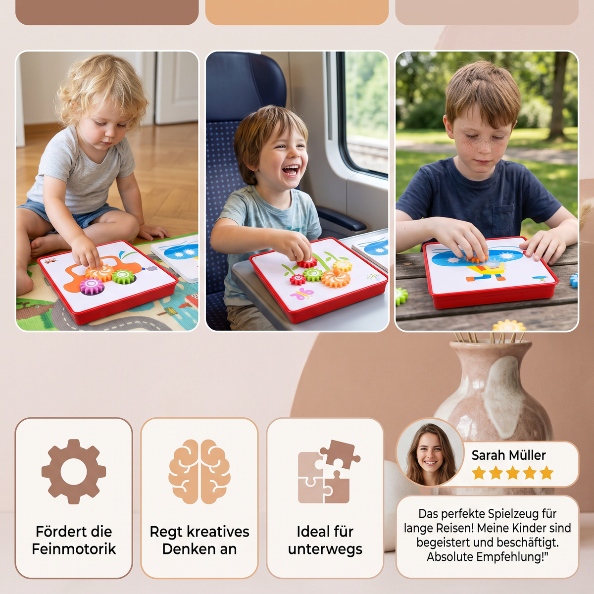 Kreative Zahnrad-Puzzle-Reisebox mit Aktivitätskarten für Kinder