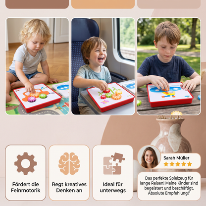 Kreative Zahnrad-Puzzle-Reisebox mit Aktivitätskarten für Kinder