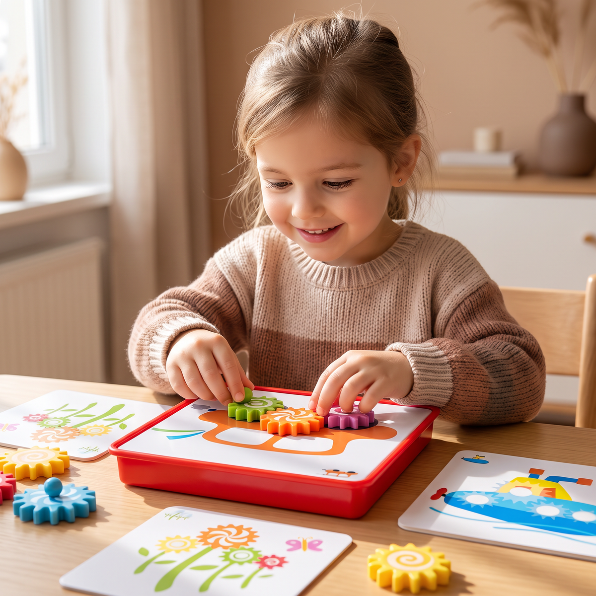 Kreative Zahnrad-Puzzle-Reisebox mit Aktivitätskarten für Kinder