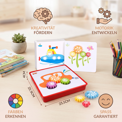Kreative Zahnrad-Puzzle-Reisebox mit Aktivitätskarten für Kinder