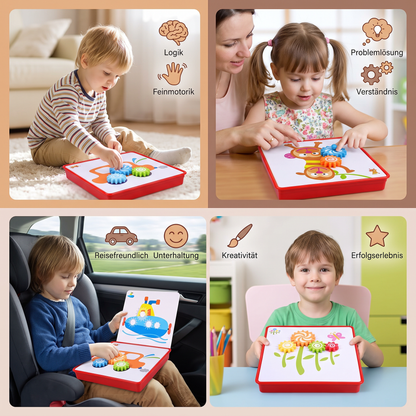 Kreative Zahnrad-Puzzle-Reisebox mit Aktivitätskarten für Kinder