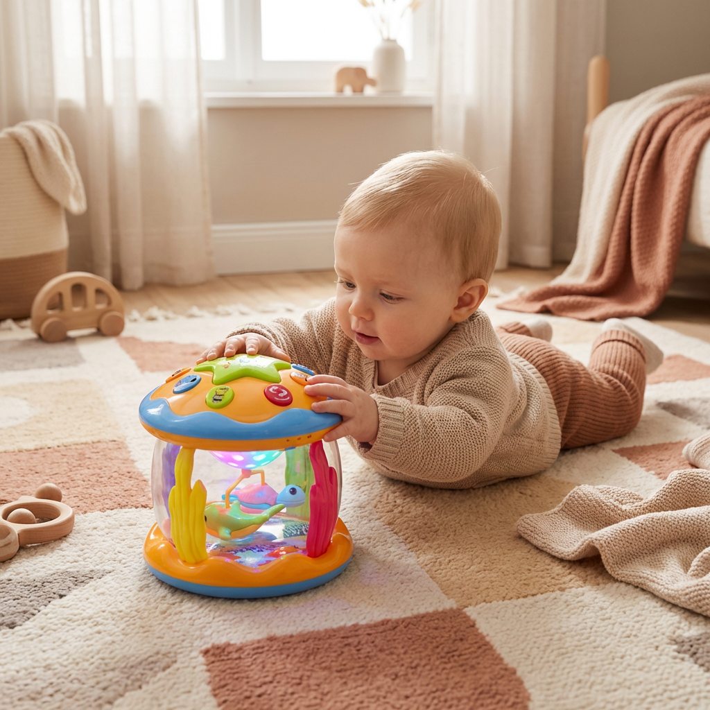 Ozean Babyspielzeug mit Licht & Musik – Drehendes Sensorikspielzeug für Bauchlage & Krabbeln
