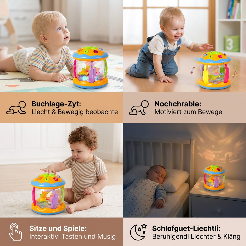 Ozean Babyspielzeug mit Licht & Musik – Drehendes Sensorikspielzeug für Bauchlage & Krabbeln