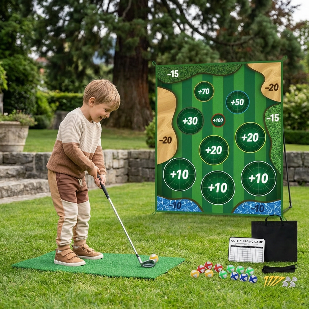 Klebendes 2in1 Golf Trainings- & Spielset – Indoor & Outdoor Abschlagmatte mit Zielwand & Schläger