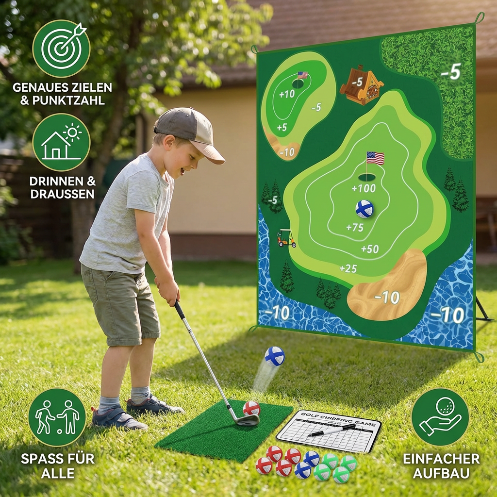 Klebendes 2in1 Golf Trainings- & Spielset – Indoor & Outdoor Abschlagmatte mit Zielwand & Schläger