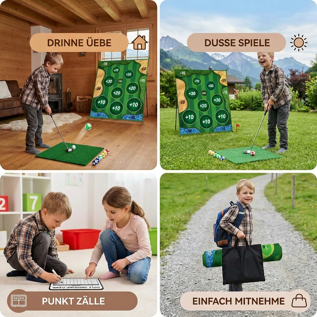 Klebendes 2in1 Golf Trainings- & Spielset – Indoor & Outdoor Abschlagmatte mit Zielwand & Schläger