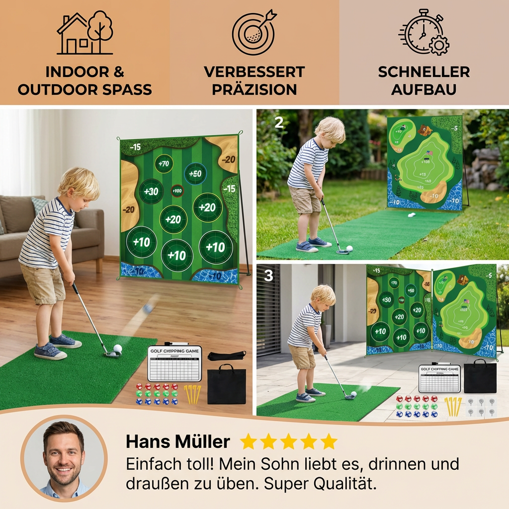 Klebendes 2in1 Golf Trainings- & Spielset – Indoor & Outdoor Abschlagmatte mit Zielwand & Schläger
