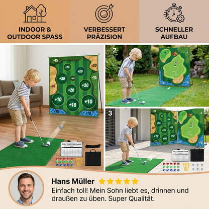Klebendes 2in1 Golf Trainings- & Spielset – Indoor & Outdoor Abschlagmatte mit Zielwand & Schläger