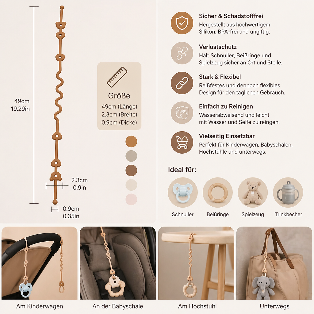 Silikon Baby-Kette mit Anti-Verlust-Schutz – für Schnuller & Spielzeug (5 Stück)