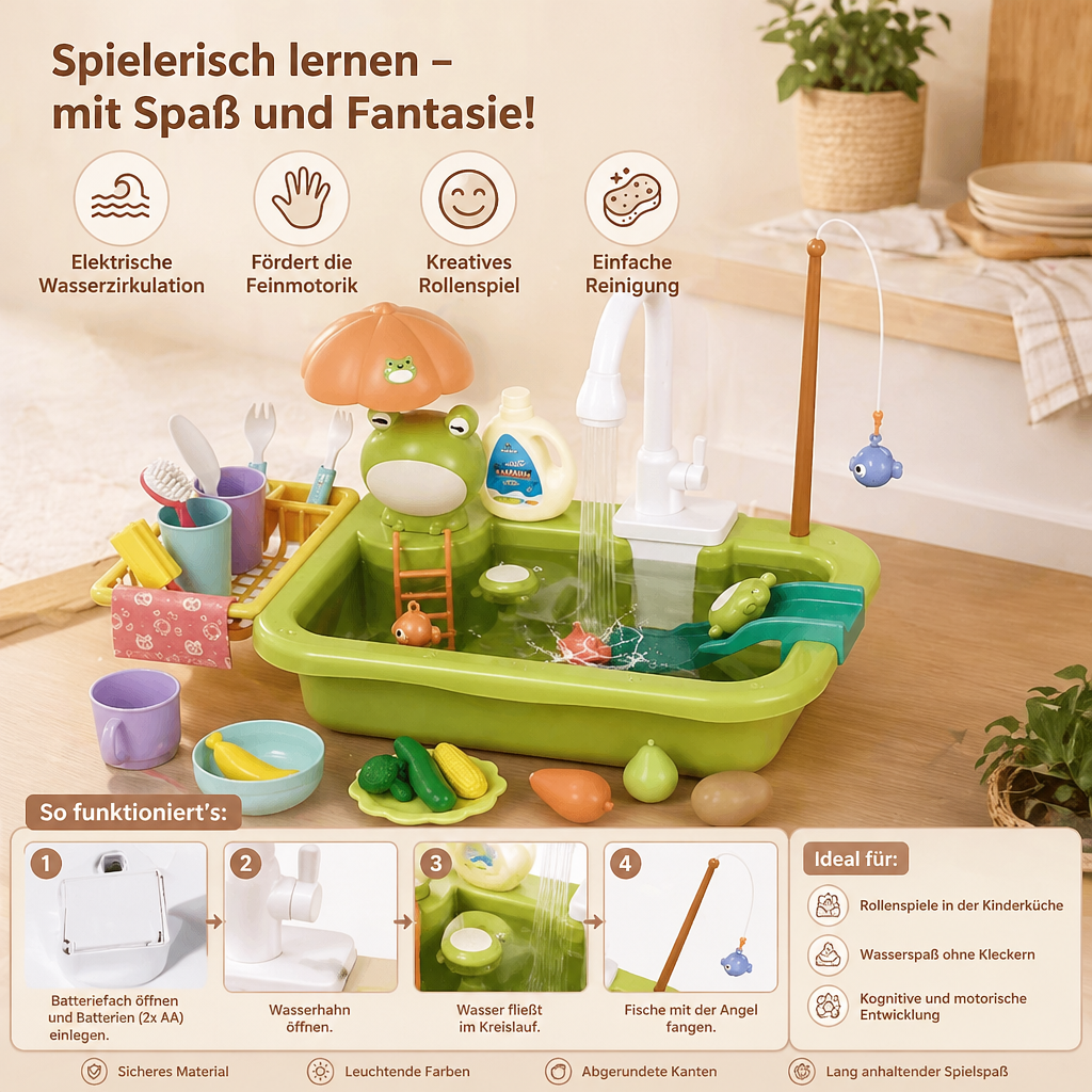 Kinder-Spielküche mit Wasserfunktion – Spülbecken Spielset mit elektrischer Wasserzirkulation