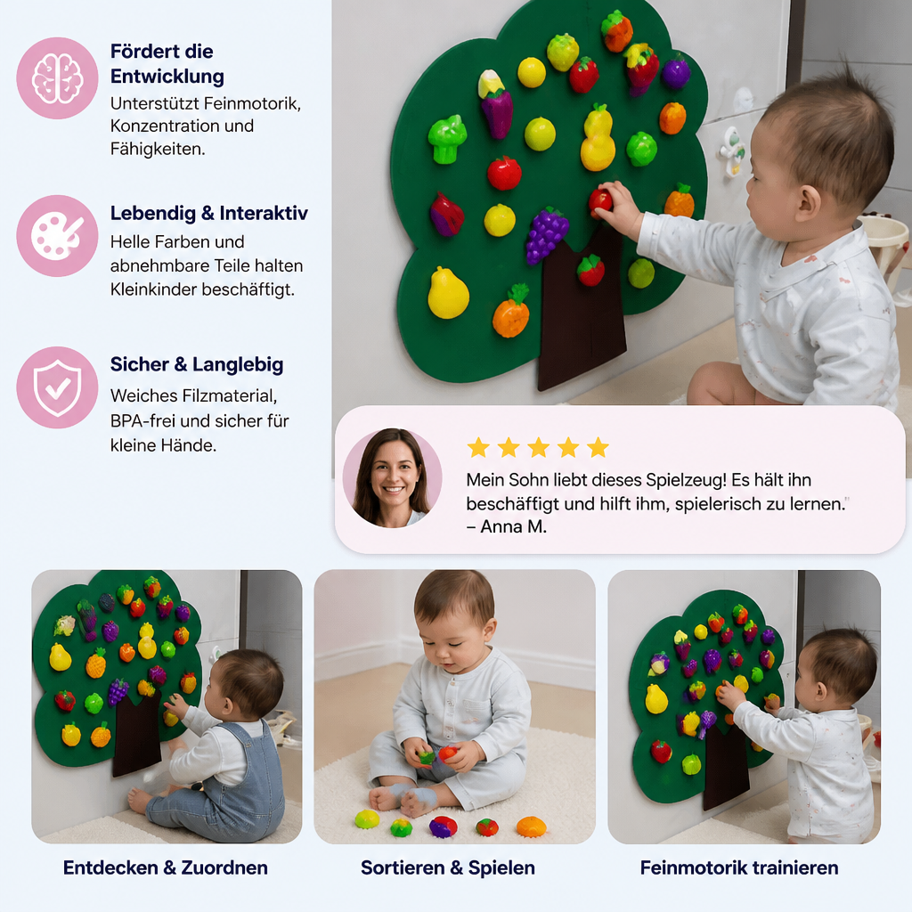 Aktivitätsbrett „Obstbaum“ aus Filz – Montessori-Lernspielzeug