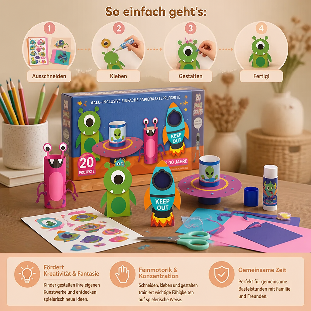 Kinder-Papierbastelbox – 20 einfache DIY-Bastelprojekte für Kinder von 3–10 Jahren mit Klebestift, Klebeband und Umschlägen