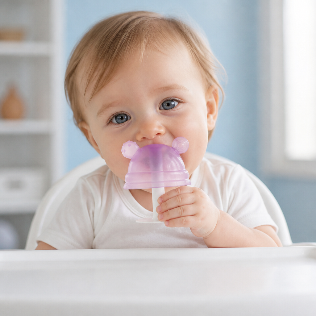 Baby-Beißring in Pilzform aus Silikon für kleine Hände