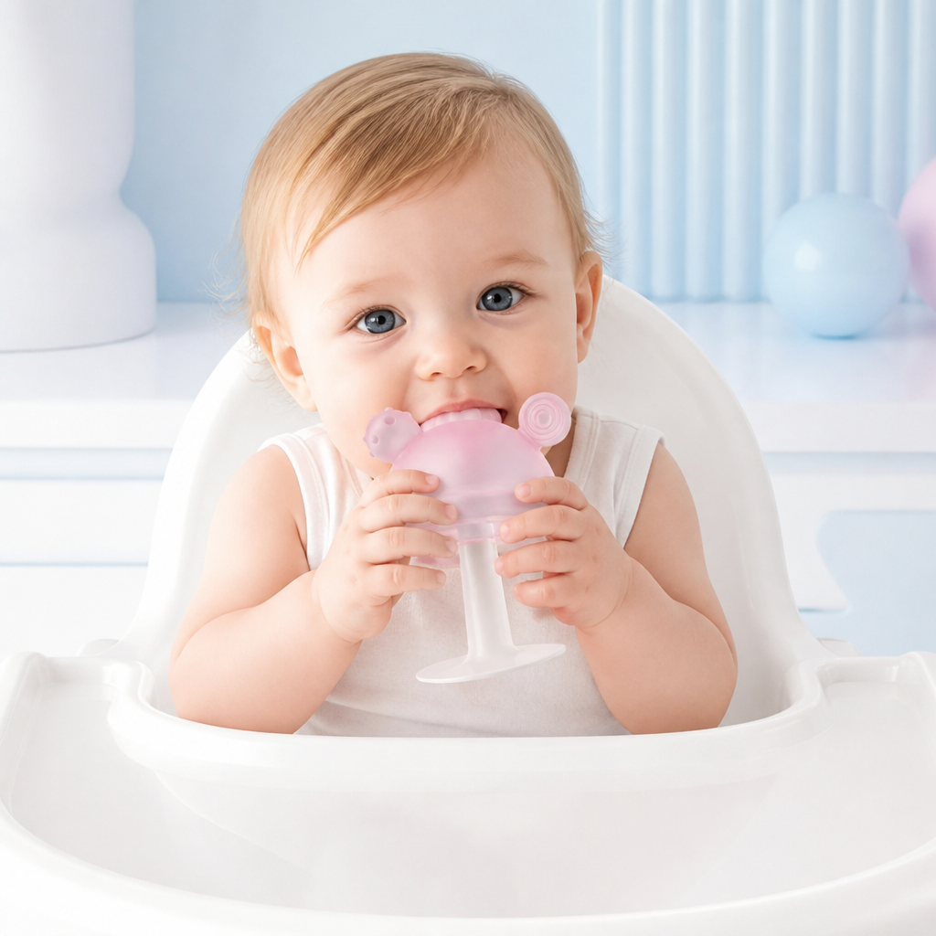 Baby-Beißring in Pilzform aus Silikon für kleine Hände