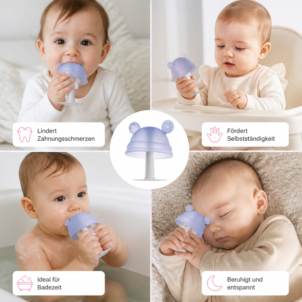 Baby-Beißring in Pilzform aus Silikon für kleine Hände