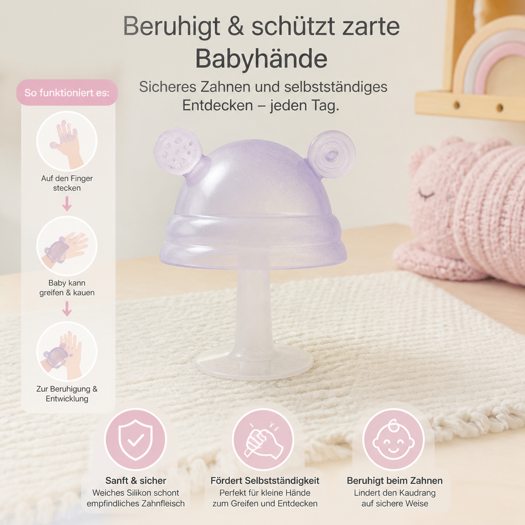 Baby-Beißring in Pilzform aus Silikon für kleine Hände